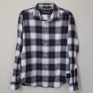 Calvin Klein Jeans Shirt Men L 100% Cotton Blue White Plaid Button Down Flannel